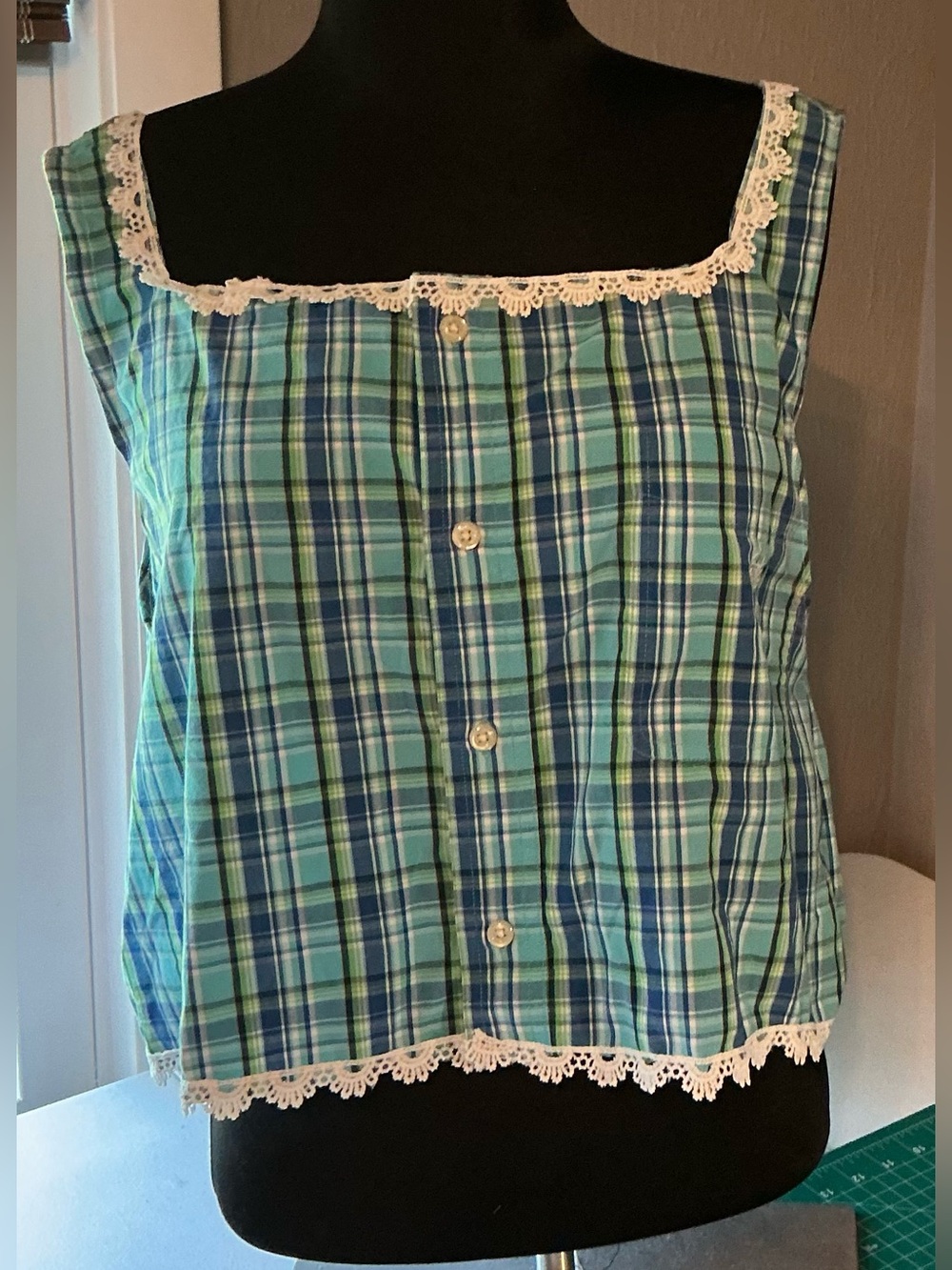 Upcycled Men’s M green and blue checked shit with lace around neck and bottom